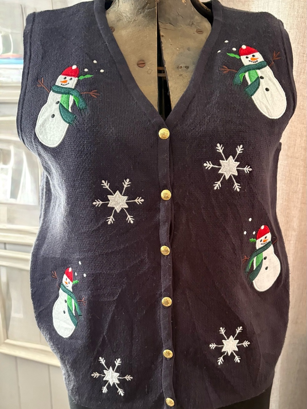 Croft & Barrow Christmas Sweater Vest Womens L Snowman Snowflake Navy Holiday